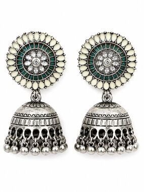 Silver Jhumka Dome Drop Earrings | Rhinestone Beaded Dangle